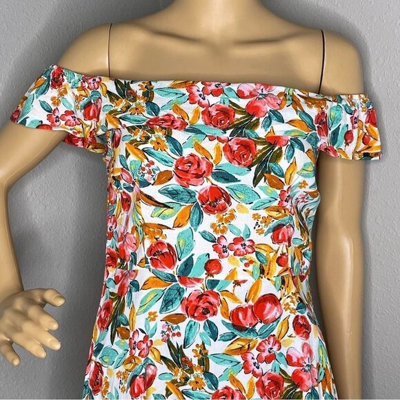 Forever 21 Watercolor Skater Floral Mini Dress Off Shoulder Green Red White L - Picture 2 of 13